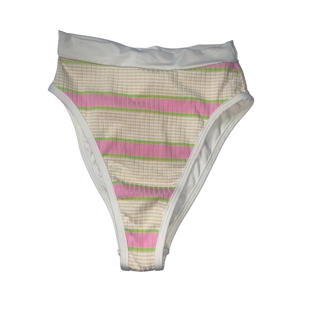 L Space Bitsy Cut High Waist Ribbed Bikini Bottom S Pink‎ Green Striped Swim